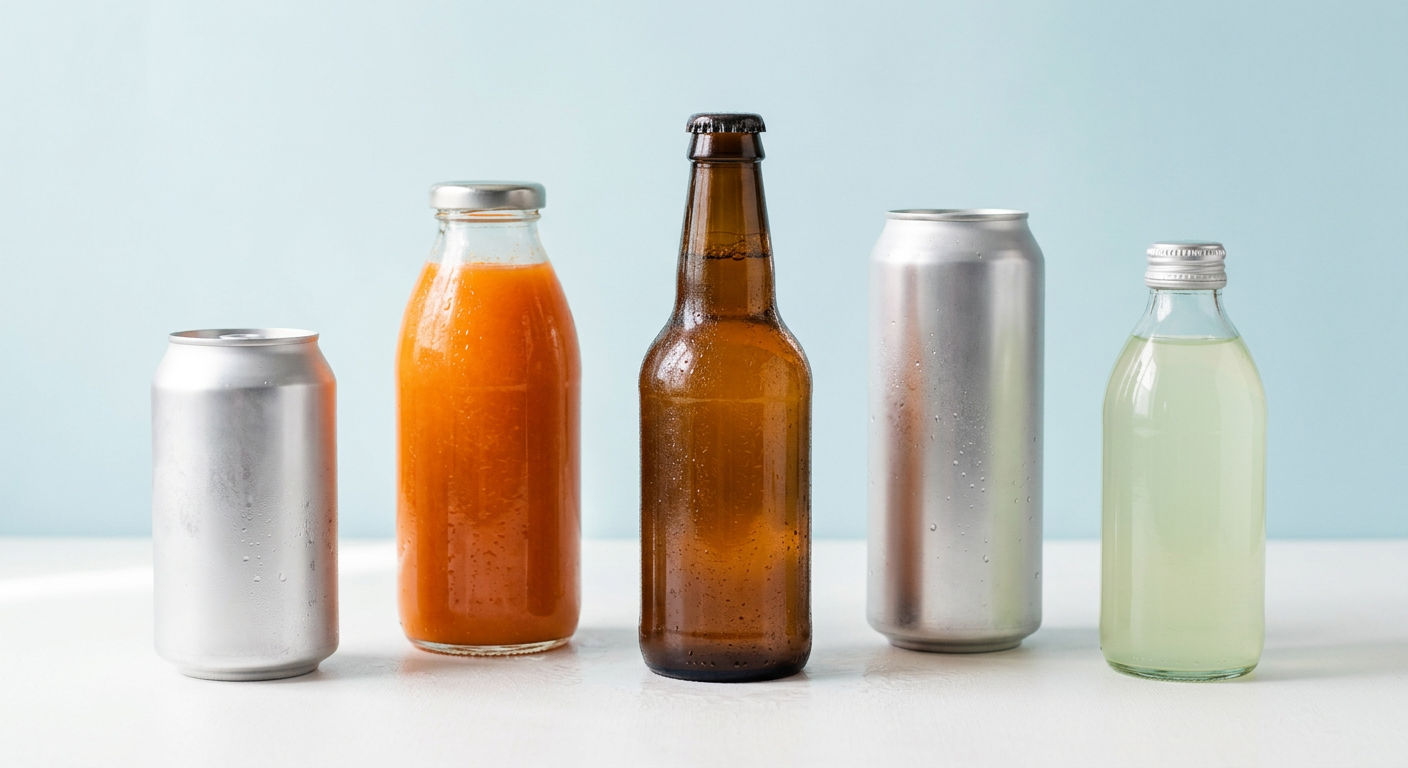 Assorted beverage cans and bottles arranged in a bright studio